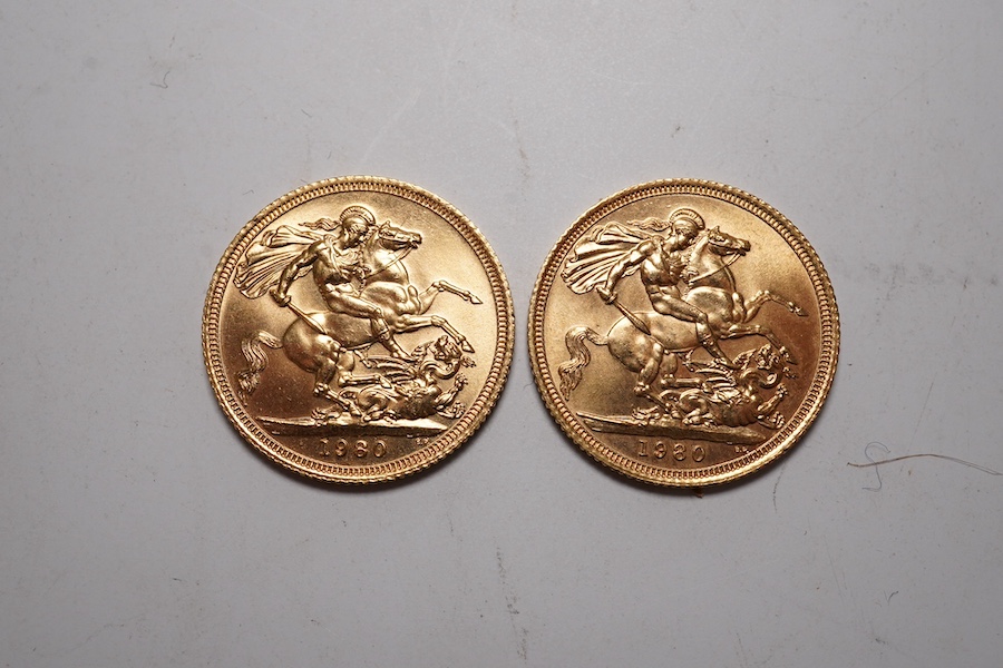 British gold coins, Elizabeth II, two gold sovereigns, both 1980, one with edge nicks otherwise EF, the other UNC